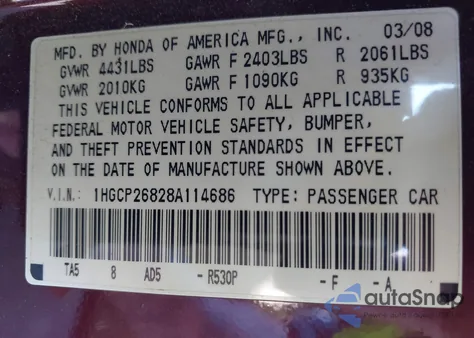 2008 Honda Accord 2.4 Ex-L from USA, damaged, VIN 1HGCP26828A114686